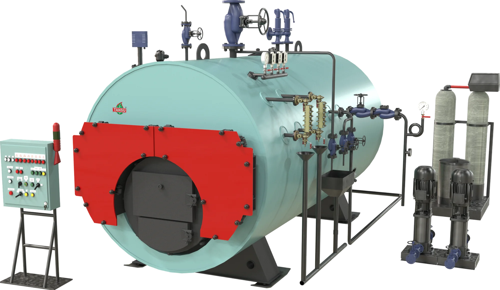 TANSU solid-fuel steam boiler, complete: boiler, pump unit and water treatment